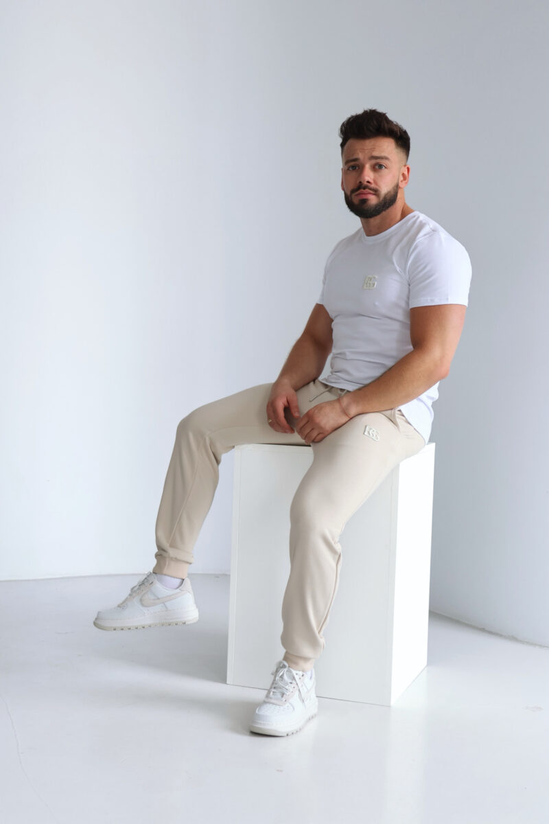 Spodnie dresowe męskie ze ściągaczem z haftowanym logo BG BRAND – jasny beż