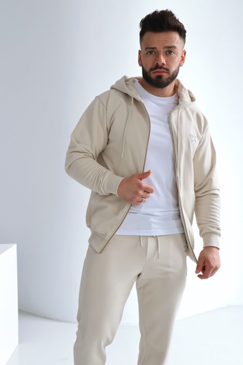 Bluza męska rozpinana z kapturem z haftowanym logo BG ZIPPY – jasny beż