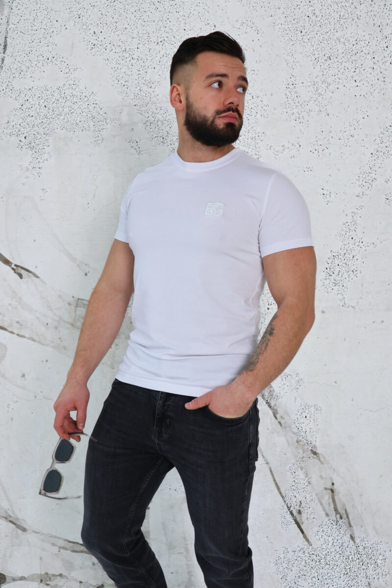 T-shirt męski slim fit z haftowanym logo BG BOND – biały