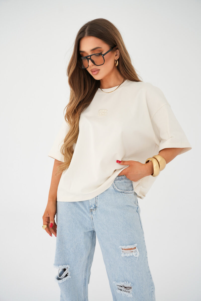 T-shirt damski oversize boxy fit z haftowanym logo BG OCEAN – kokos