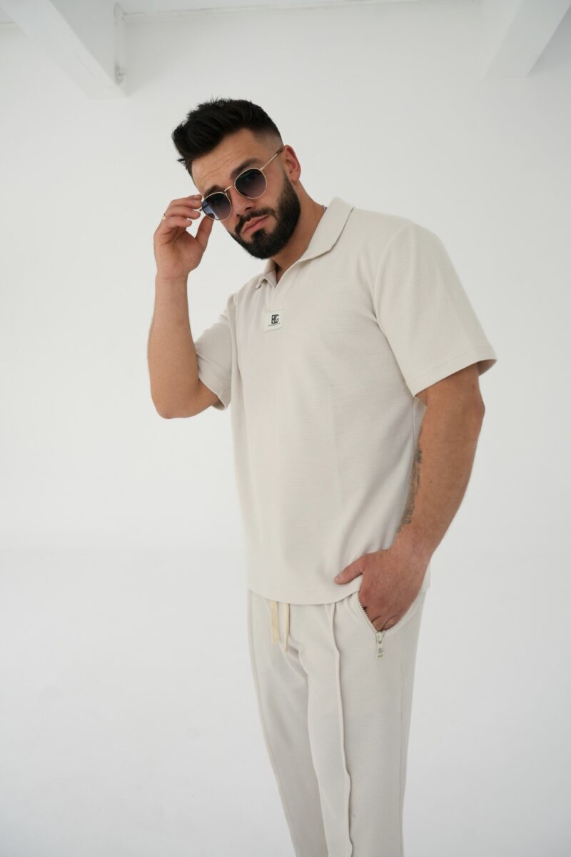 T-shirt męski polo bawełniany BG BOOST – jasny beż