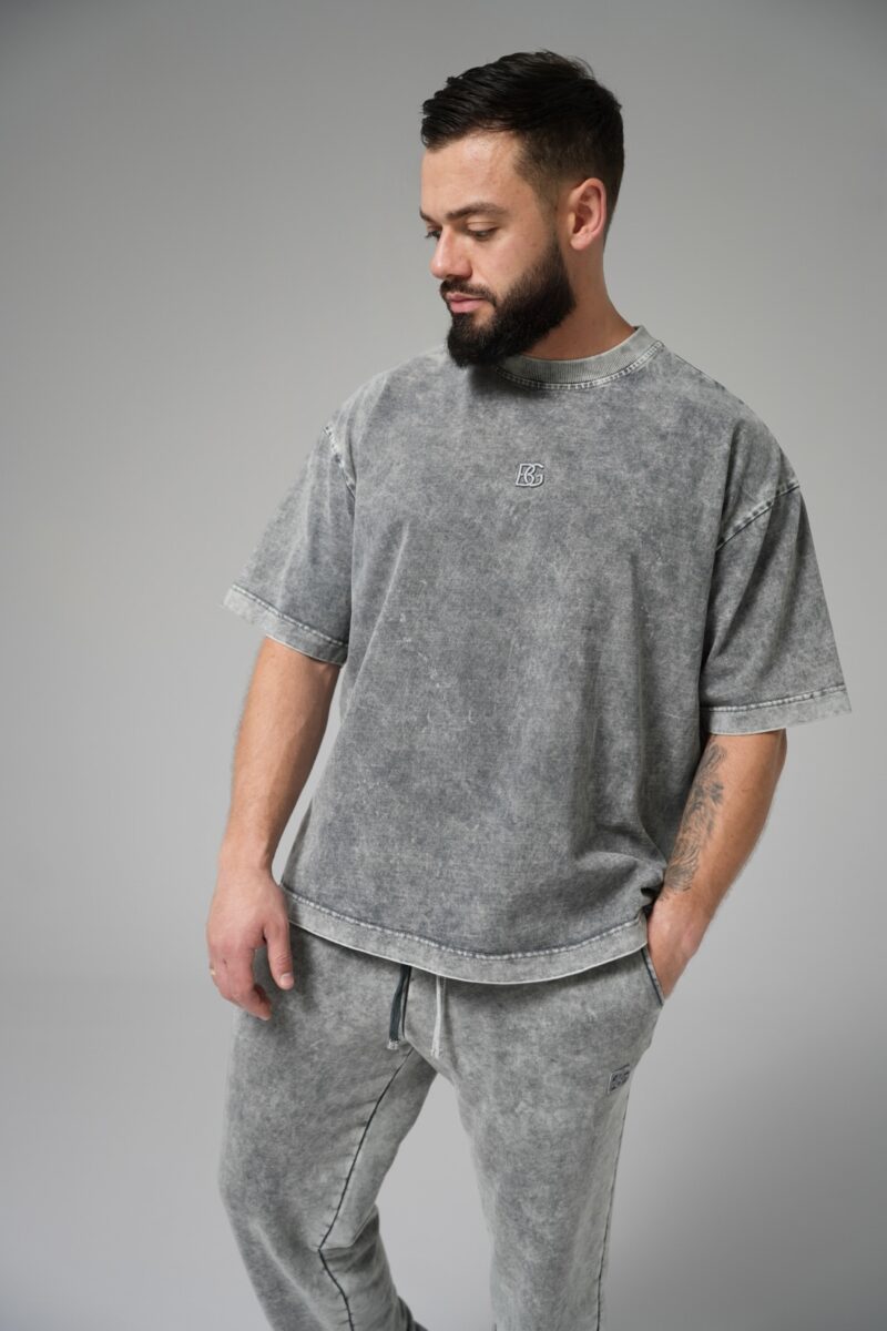 T-shirt męski oversize boxy fit z efektem sprania BG REBEL – szary