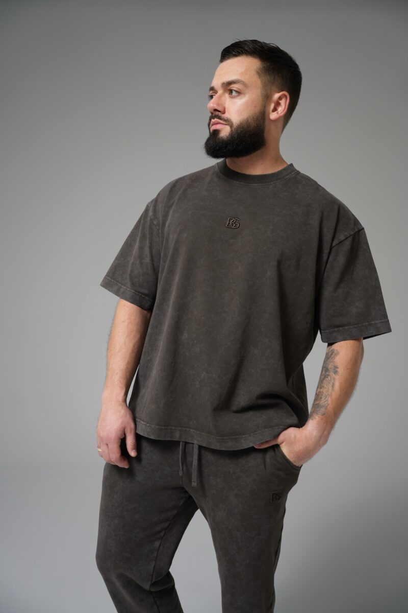 T-shirt męski oversize boxy fit z efektem sprania BG REBEL – gorzka czekolada