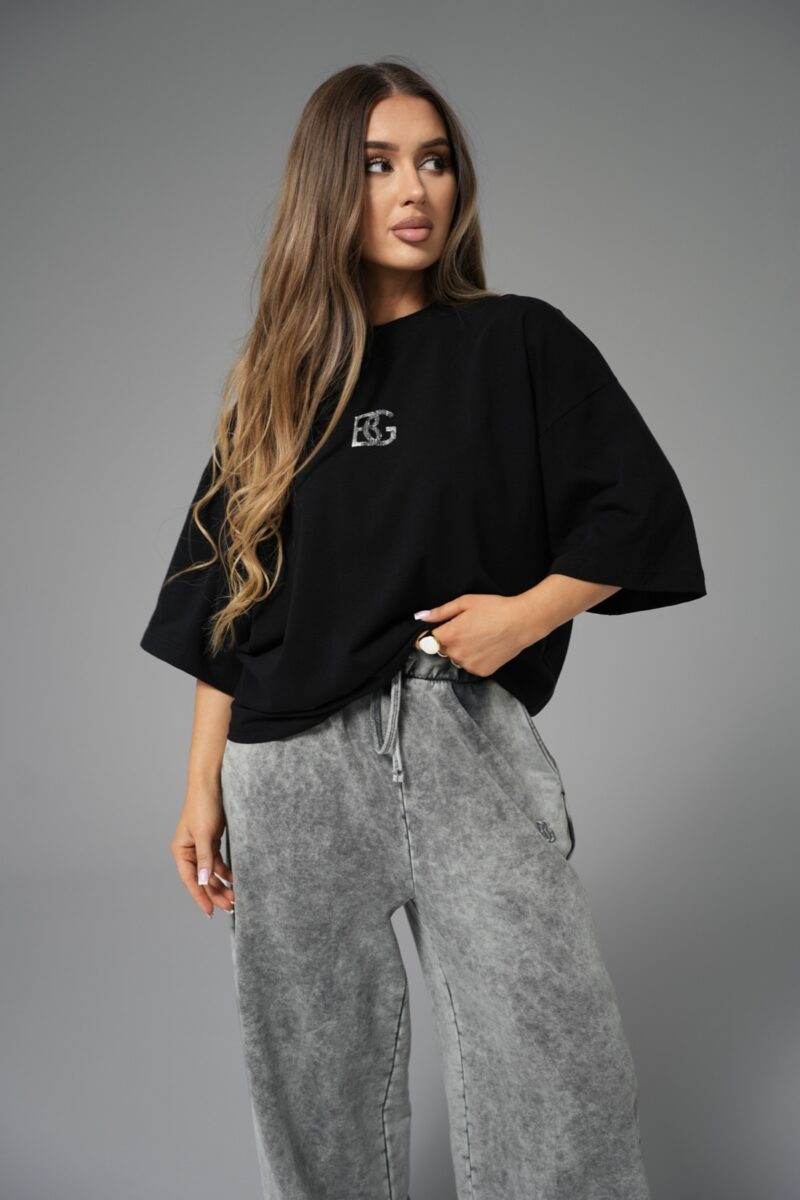 T-shirt damski oversize boxy fit z przetartym nadrukiem BG FADED – czarny