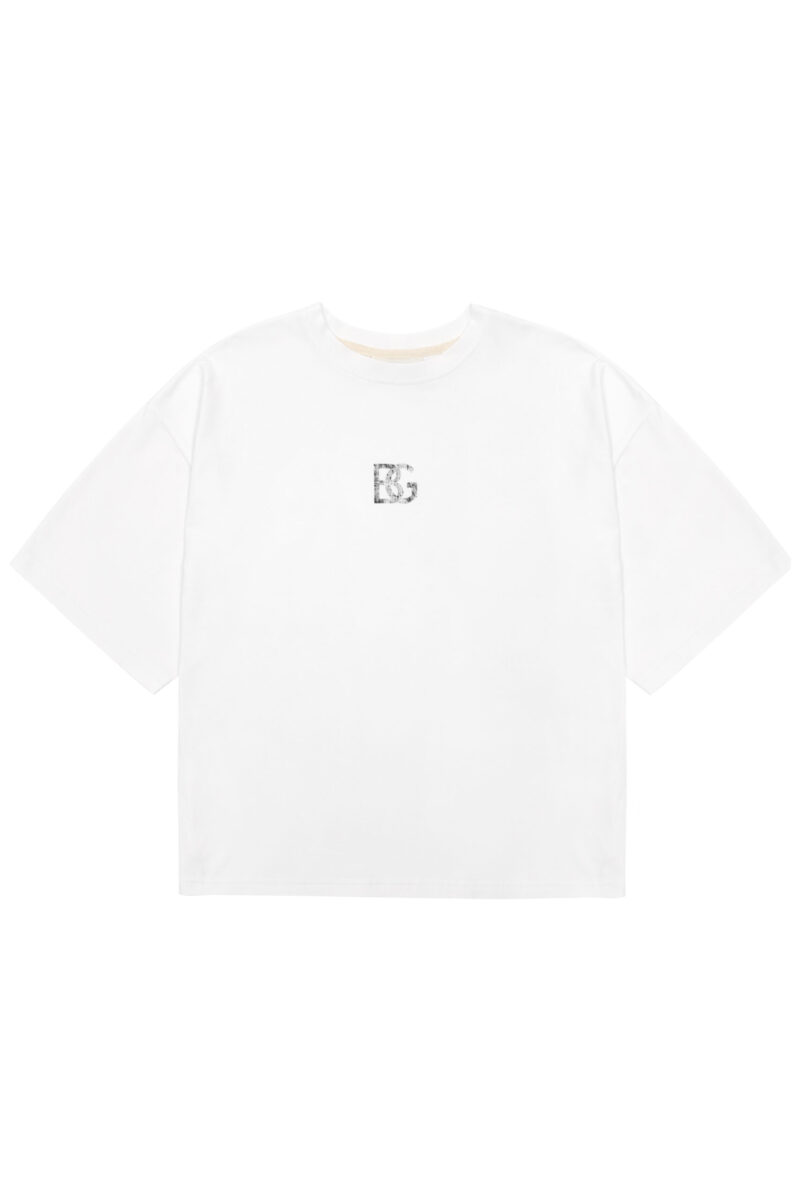 T-shirt damski oversize boxy fit z przetartym nadrukiem BG FADED – biały