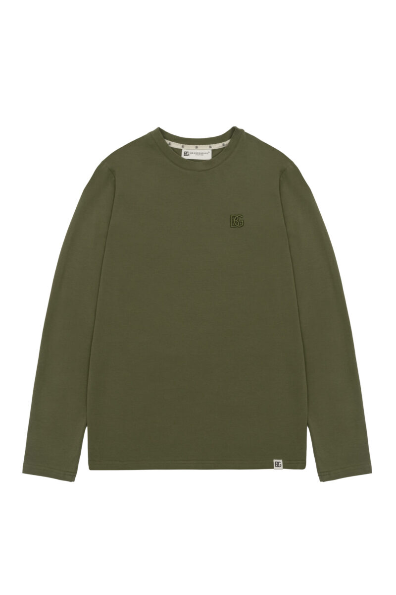 T-shirt longsleeve męski slim fit z haftem BG LINE – oliwka