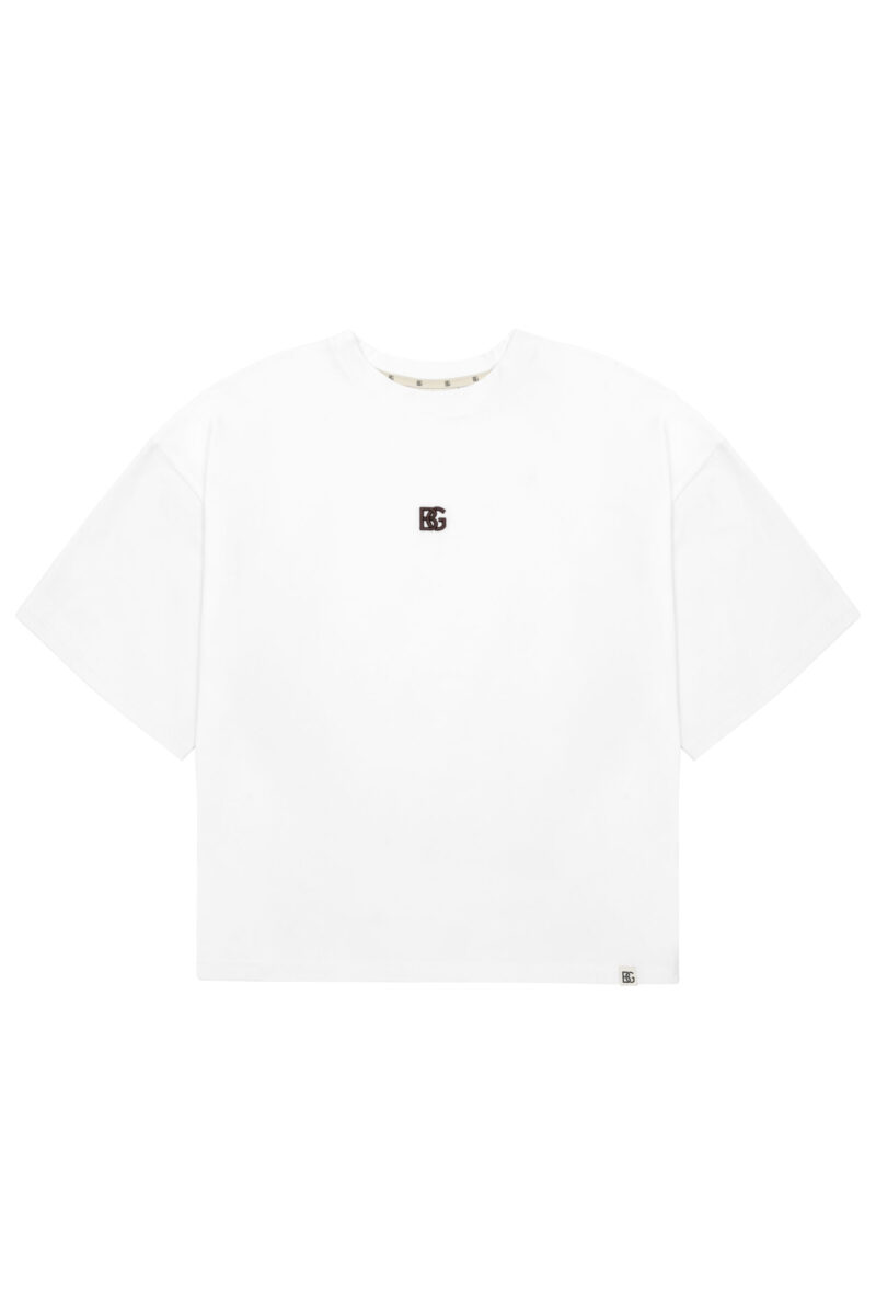 T-shirt damski oversize z haftem BG DRAPE – biały z bordowym haftem