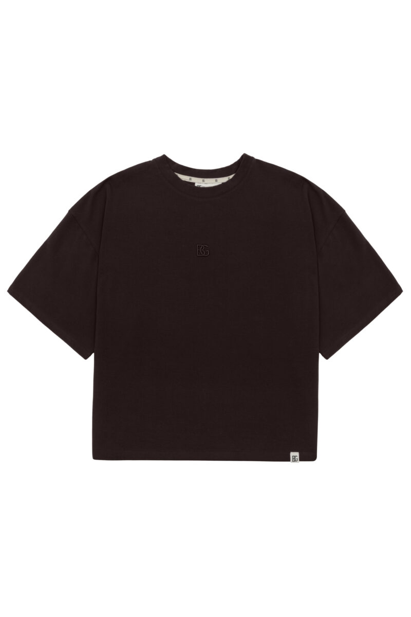 T-shirt damski oversize z haftem BG DRAPE – gorzka czekolada