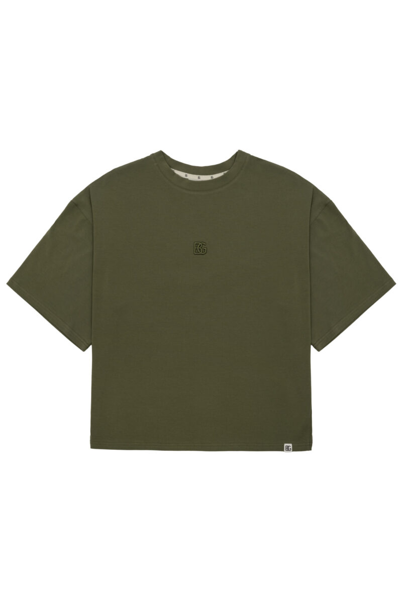 T-shirt damski oversize z haftem BG DRAPE – oliwka