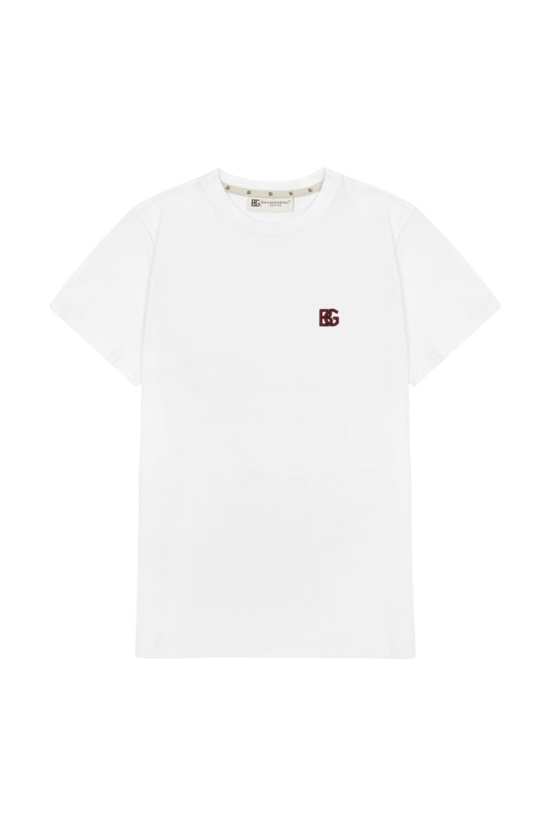 T-shirt męski slim fit z haftem 3D BG FORM – biały z bordowym haftem