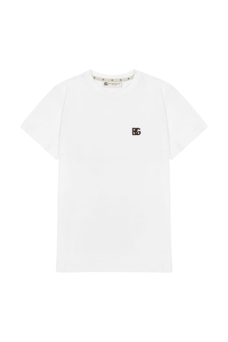 T-shirt męski slim fit z haftem 3D BG FORM – biały z czekoladowym haftem