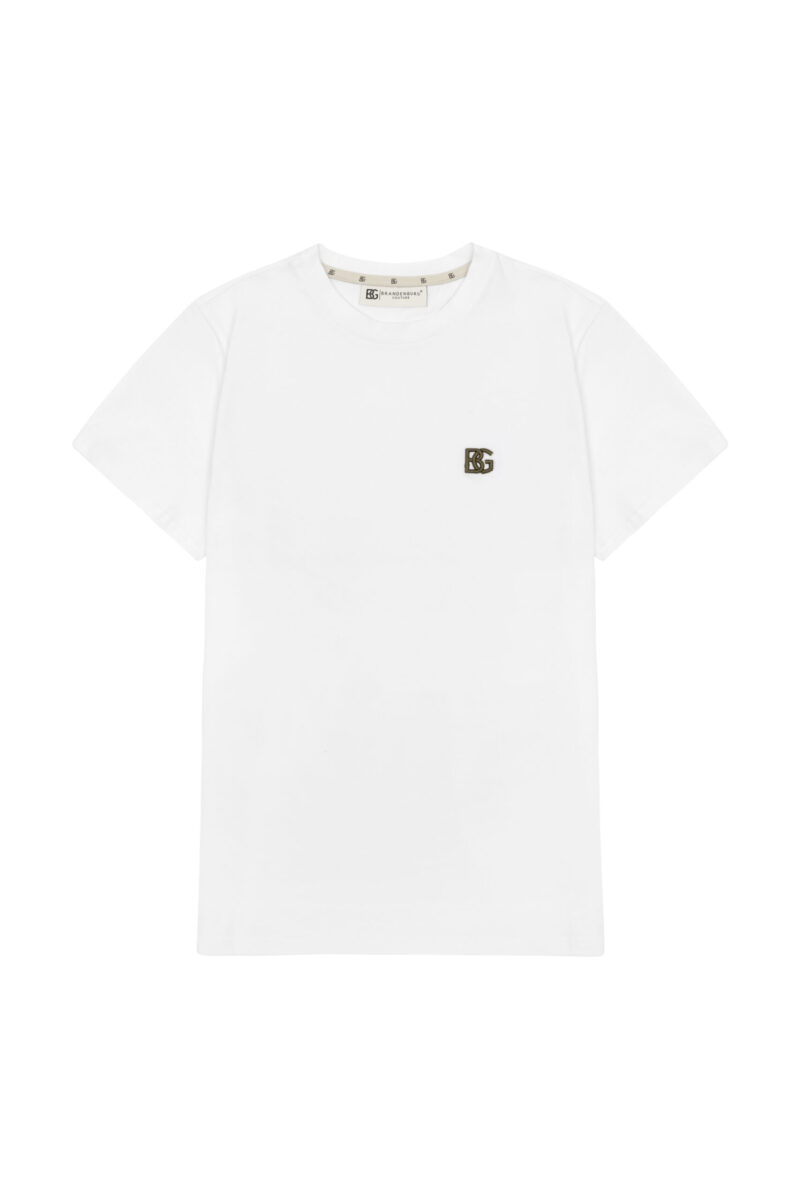 T-shirt męski slim fit z haftem 3D BG FORM – biały z oliwkowym haftem