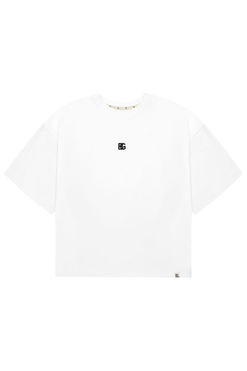 T-shirt damski oversize z haftem BG DRAPE – biały z czarnym haftem