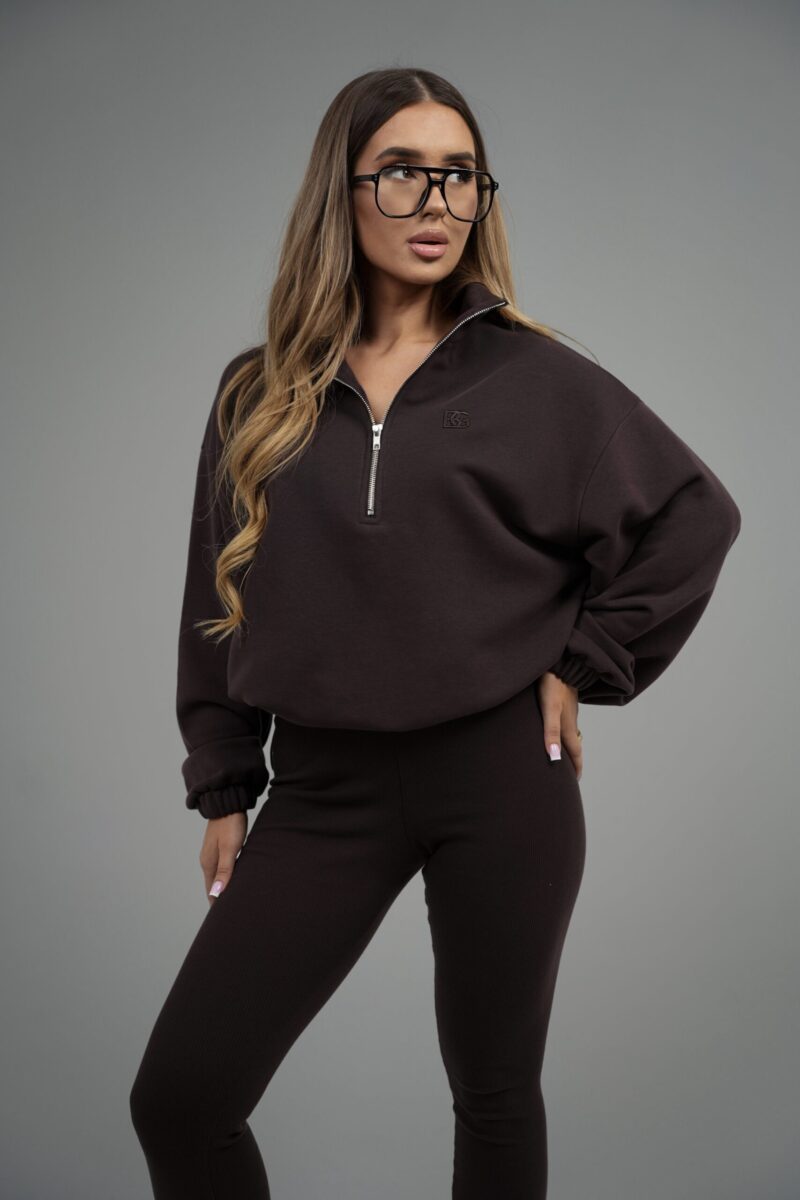 Bluza damska half-zip ze stójką BG PIVOT – gorzka czekolada