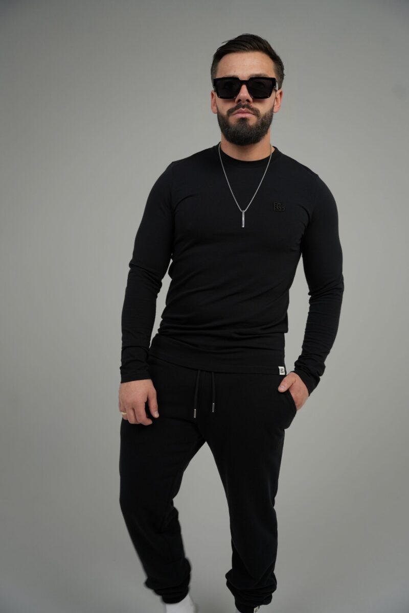 T-shirt longsleeve męski slim fit z haftem BG LINE – czarny