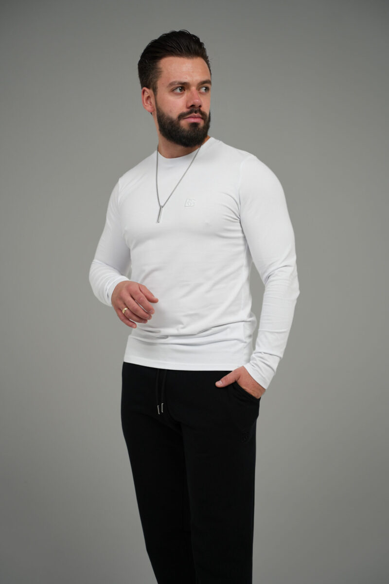 T-shirt longsleeve męski slim fit z haftem BG LINE – biały