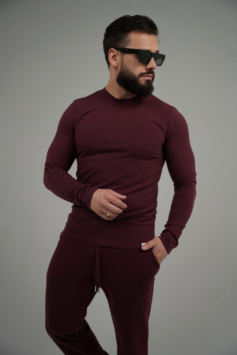 T-shirt longsleeve męski slim fit z haftem BG LINE – bordo
