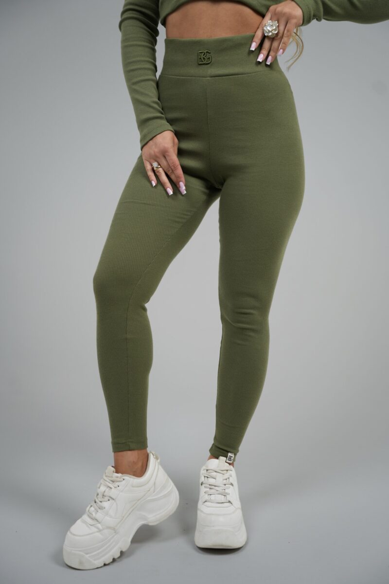 Legginsy damskie prążkowane z wysokim stanem BG SCULPT – oliwka