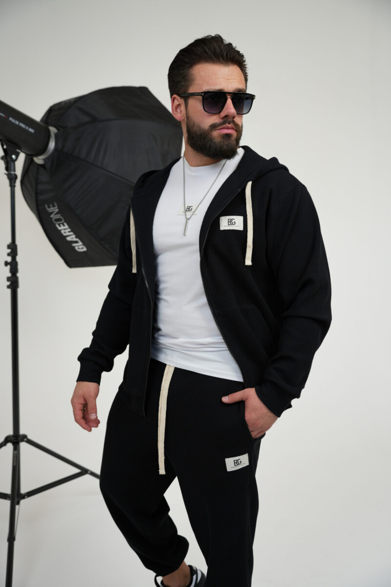 Bluza męska rozpinana z dzianiny waflowej BG ELEMENT – czarny