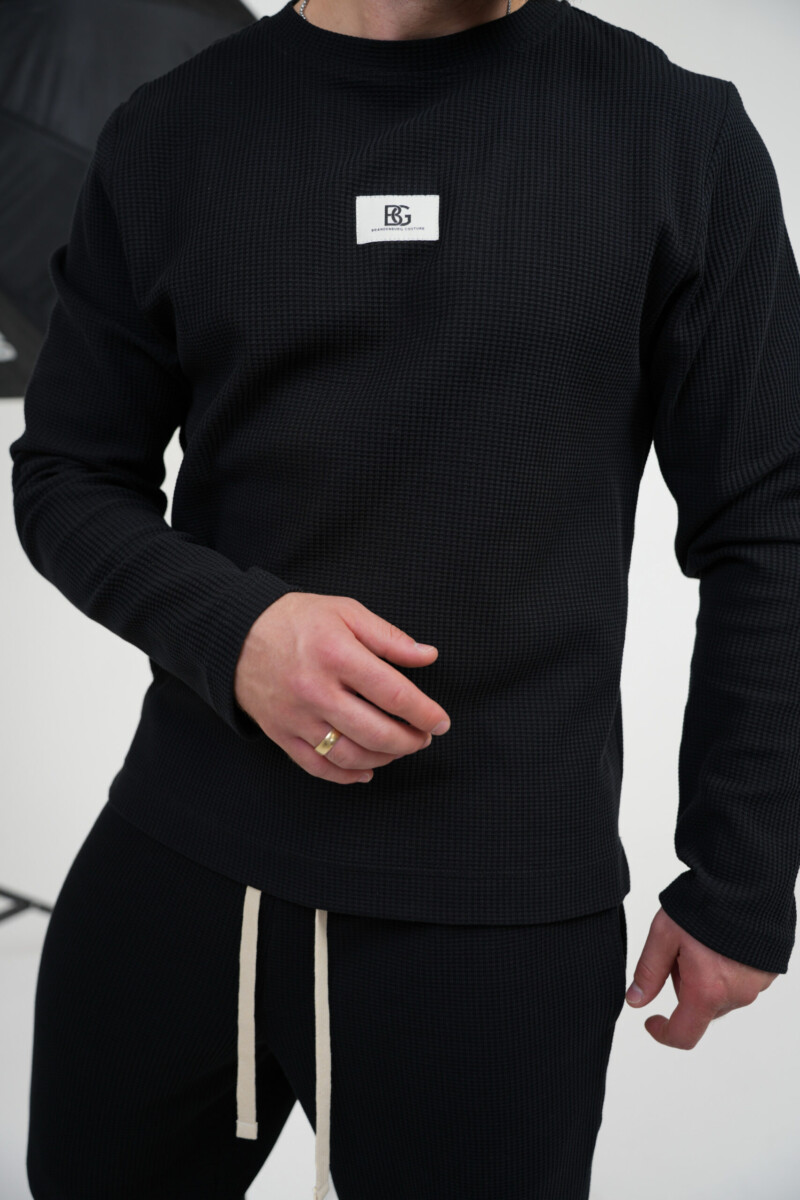 Longsleeve męski z dzianiny waflowej BG TEXTURE – czarny