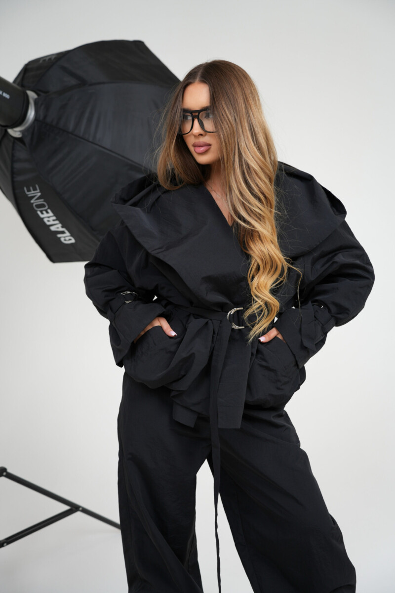 Kurtka damska oversize kopertowa z kapturem BG VEIL – czarna