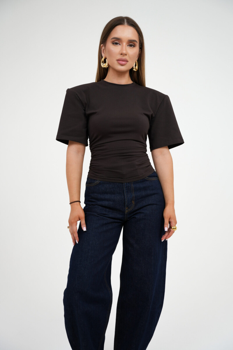 Bluzka damska z drapowaniem BG CINCH – gorzka czekolada